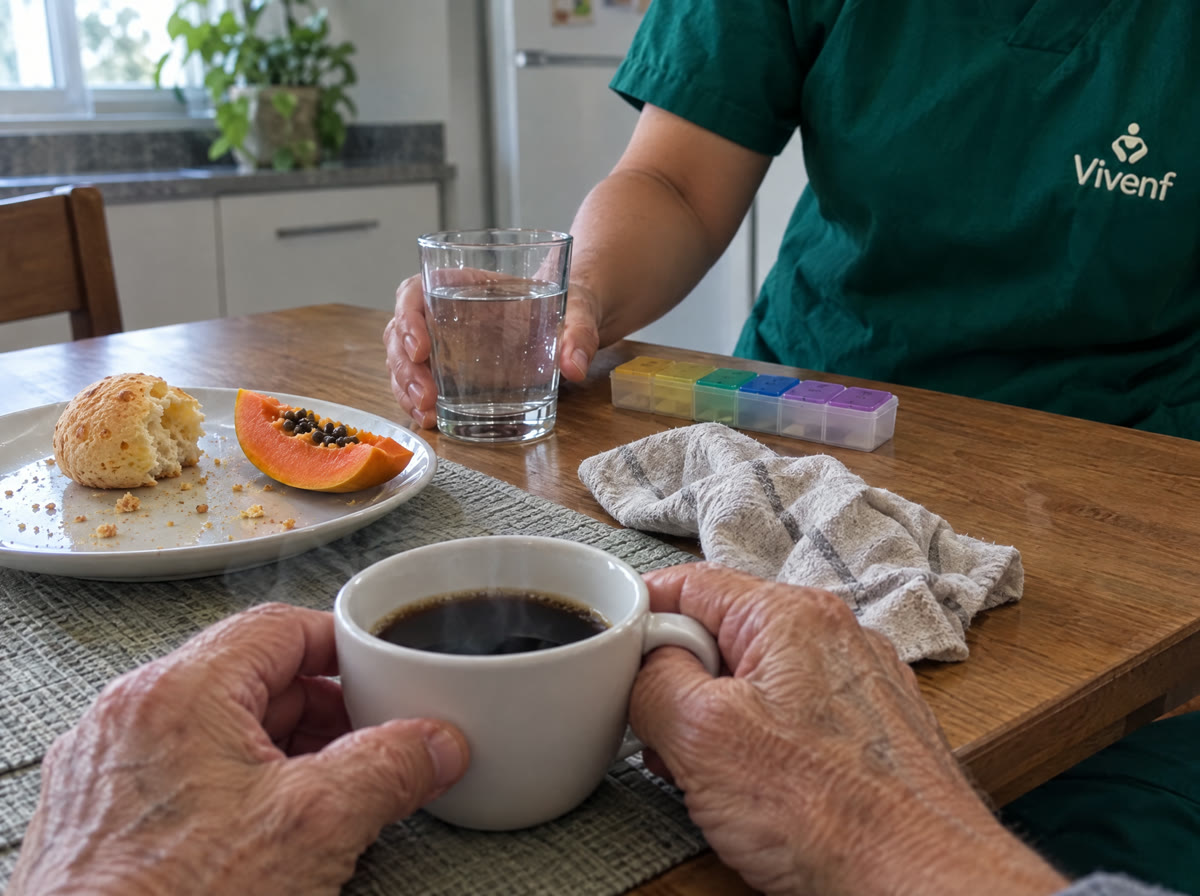 Mãos de um senhor segurando a xícara de café enquanto a cuidadora da Vivenf deixa o copo de água e o porta-comprimidos na mesa
